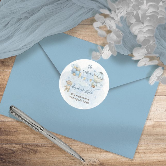 Sticker Rond Teddy Bear Balloons Boy Baby shower Adresse de ret (Créateur téléchargé)