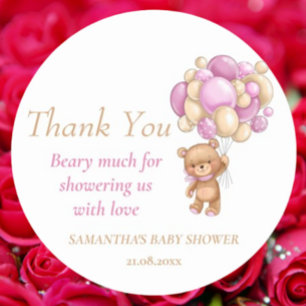 Sticker Rond Teddy Bear Balloons Girl Baby shower Merci Cla