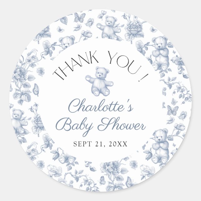 Sticker Rond Teddy Bear Blue Toile Boy Baby shower Merci (Devant)