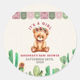 Sticker Rond Teddy Bear Cactus Fille Baby shower Fiesta