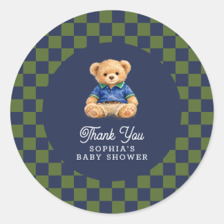 Sticker Rond Teddy Bear Checkboard Retro Baby Shower