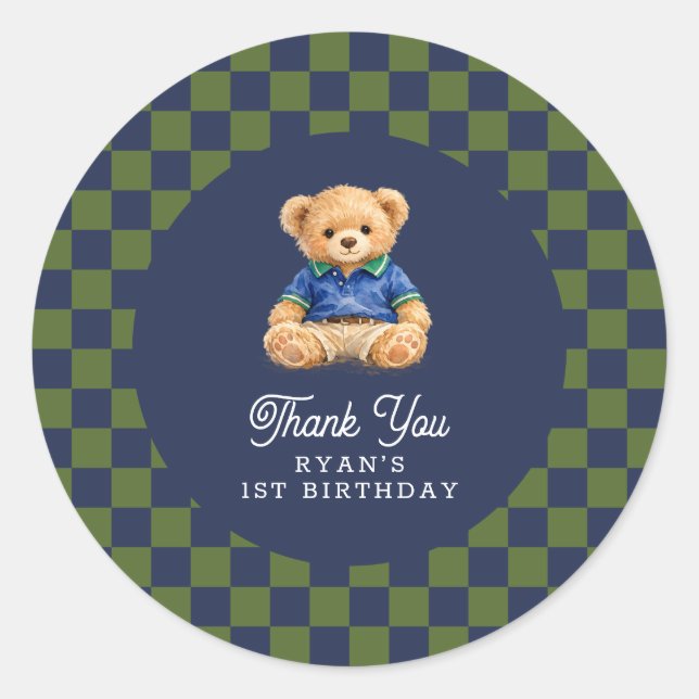 Sticker Rond Teddy Bear Checkboard Retro Birthday (Devant)