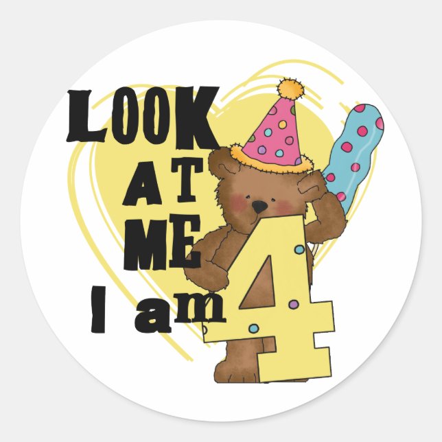 Sticker Rond Teddy Bear I'm 4 Anniversaire Tshirts and Gifts (Devant)