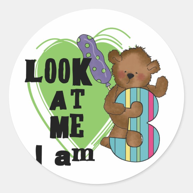 Sticker Rond Teddy Bear Je suis 3 Tshirts et cadeaux d'annivers (Devant)