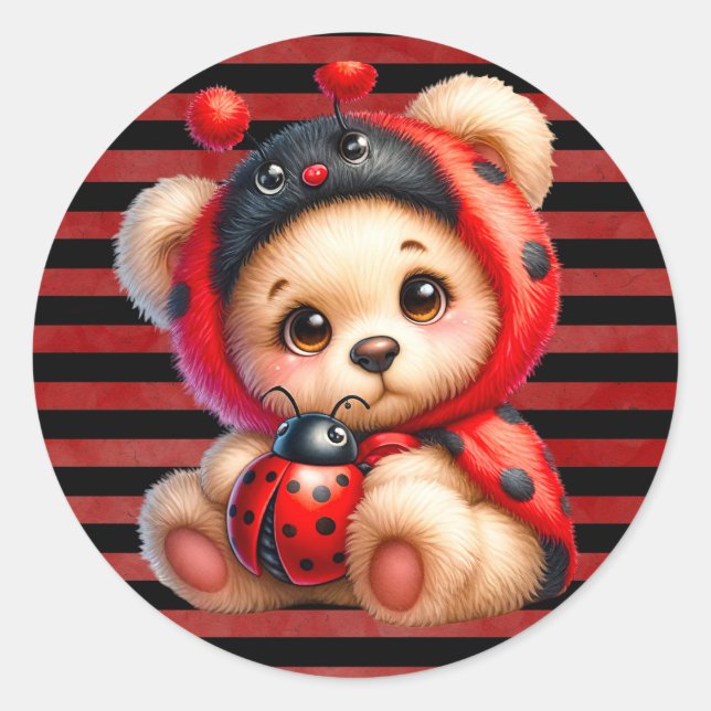 Sticker Rond Teddy Bear Ladybug Stripes Baby shower fille (Devant)