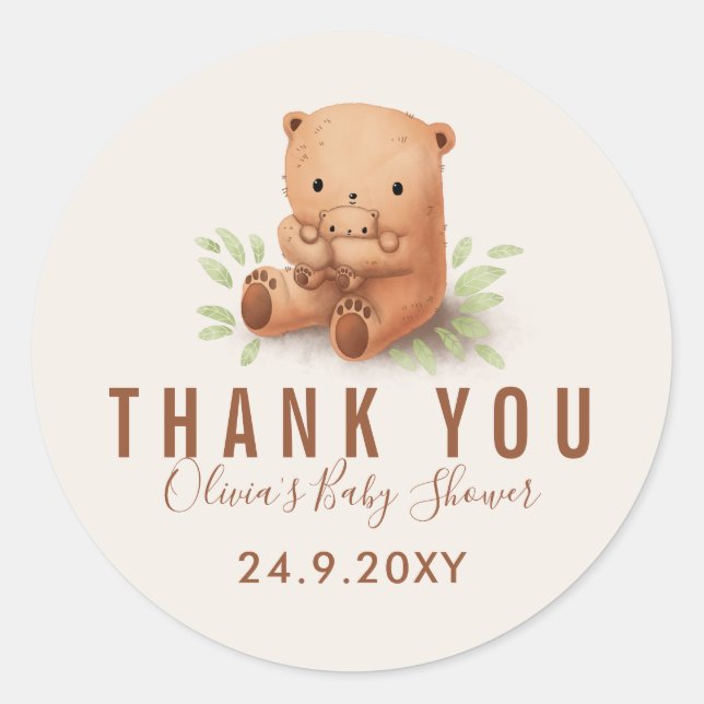 Sticker Rond Teddy Bear maman avec Baby shower Merci (Devant)