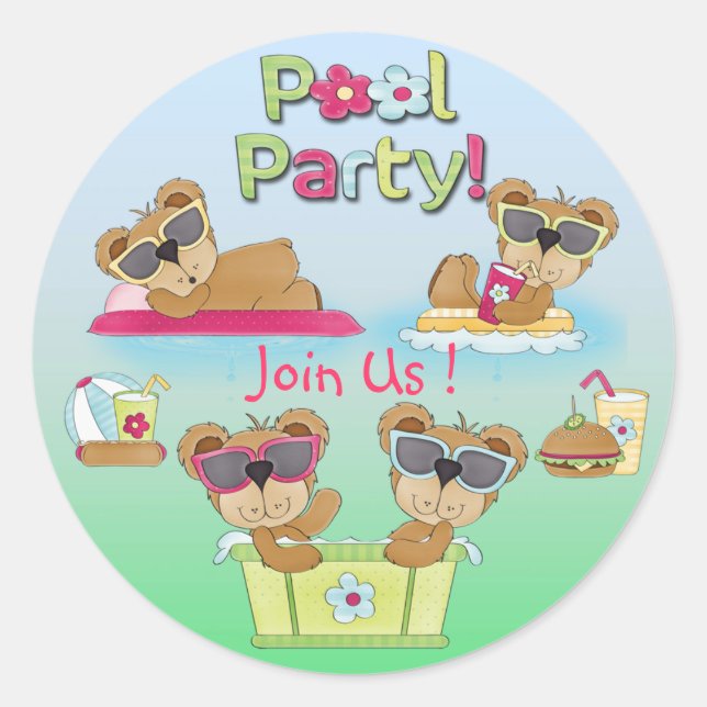 Sticker Rond Teddy Bear Pool Enveloppe Invitation Seals (Devant)