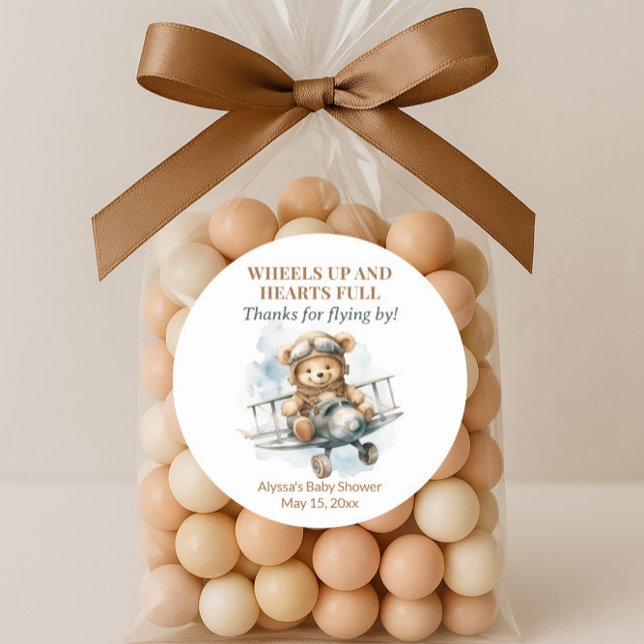 Sticker Rond Teddy Bear Roue vers le haut Coeur Plein (Wheels up baby shower favor bag sticker)