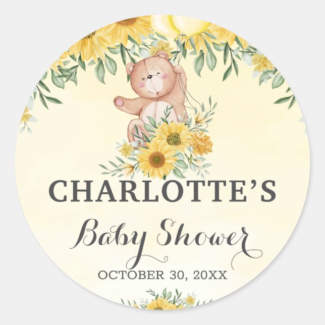 Sticker Rond Teddy Bearly Wait Sunflower Baby shower vert (Devant)