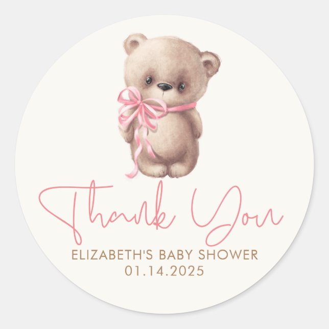 Sticker Rond Teddy Ours mignonne rose Baby shower Brown Merci (Devant)
