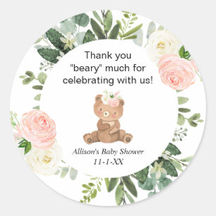 Sticker Rond Teddy ours rose floral fille baby shower merci