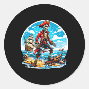 Sticker Rond Tee drôle de squelette pirate crâne Halloween sque