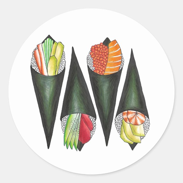 Sticker Rond Tempaki Sushi Rolls À Main Rolls Cuisine Japonaise (Devant)