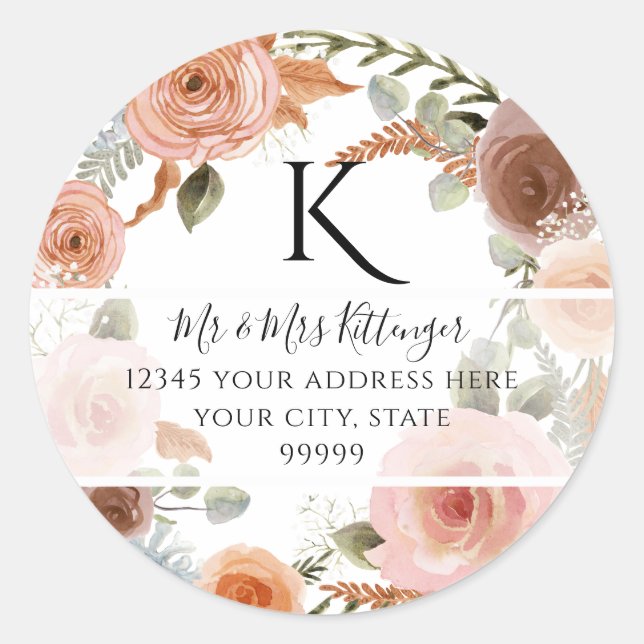 Sticker Rond TEMPLATE Monogramme Adresse de Retour Floral Rose (Devant)