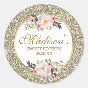 Sticker Rond Tendance Paillettes Or Fleur Sweet 16