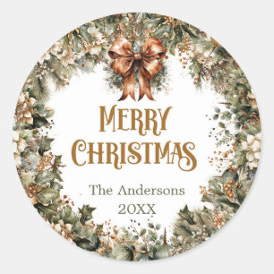 Sticker Rond Tendance sauge vert et faux or blanc poinsettia