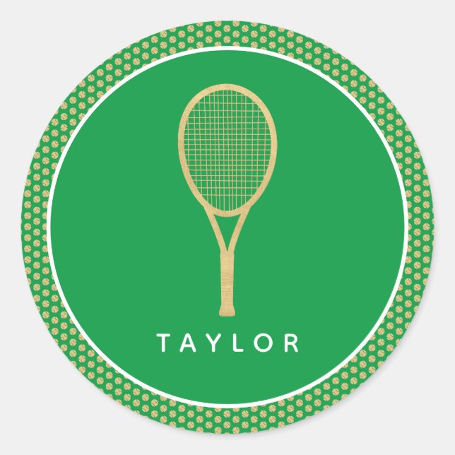 Sticker Rond Tennis Chic Green Gold Nom personnalisé (Devant)
