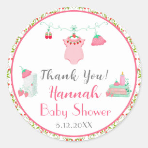Sticker Rond Tenue de bébé fraise Merci Cadeau de Baby Shower