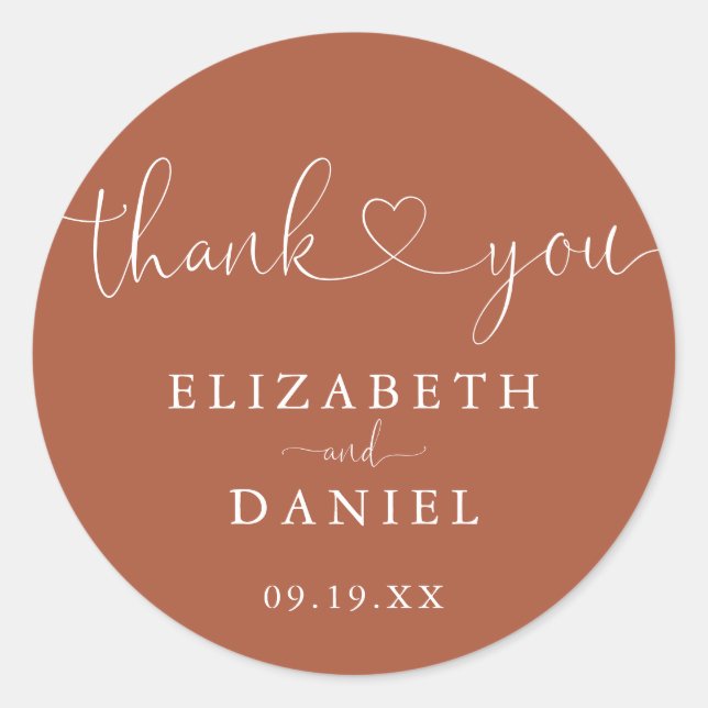 Sticker Rond Terracotta Coeur Script Merci Mariage Faveur (Devant)