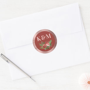 Sticker Rond Terracotta Floral Blush Rose Monogramme de Noël