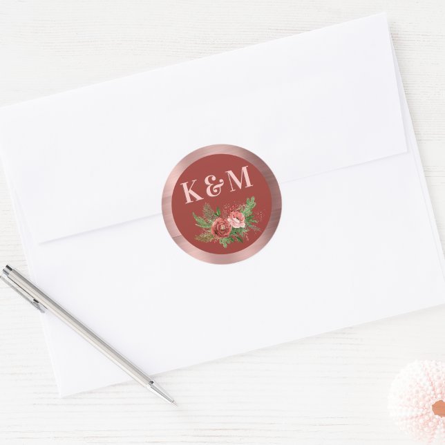 Sticker Rond Terracotta Floral Blush Rose Monogramme de Noël (Créateur téléchargé)