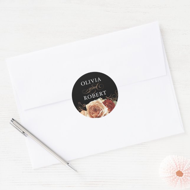Sticker Rond Terracotta Mariage Moderne Floral Boho Noir (Enveloppe)
