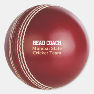 Sticker Rond Test Match Red Cricket Ball avec texte personnalis