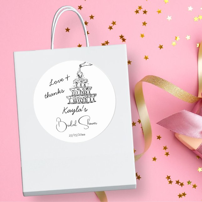 Sticker Rond Tête de champagne tirée à la main (Hand drawn scribble champagne tower black and white minimalist bridal shower thank you favor sticker)