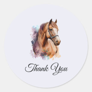 Sticker Rond Tête de cheval brun en aquarelle Merci