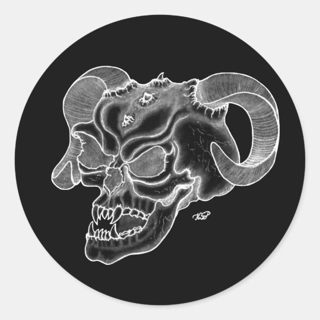 Sticker Rond Tête de diable crâne noir et blanc (Devant)