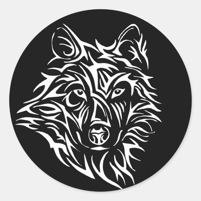 Sticker Rond Tête de loup blanc sur noir (Devant)