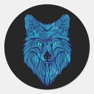 Sticker Rond Tête de loup bleu Poly
