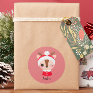 Sticker Rond Tête de renne de Père Noël Noël mignonne