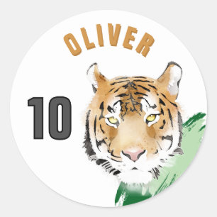Sticker Rond Tête de Tigre Aquarelle Nom Anniversaire