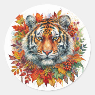 Sticker Rond Tête de Tigre d'Automne Parmi les Feuilles d'Autom