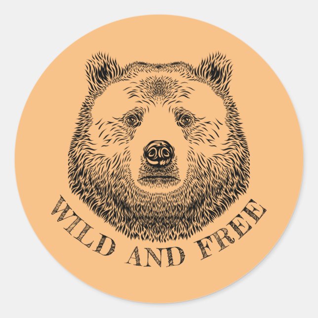 Sticker Rond Tête D'Ours, Sauvage Et Libre, Illustration Dessin (Devant)