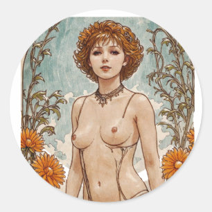 Sticker Rond Tête rouge courte haïe V1 Mucha Style Art