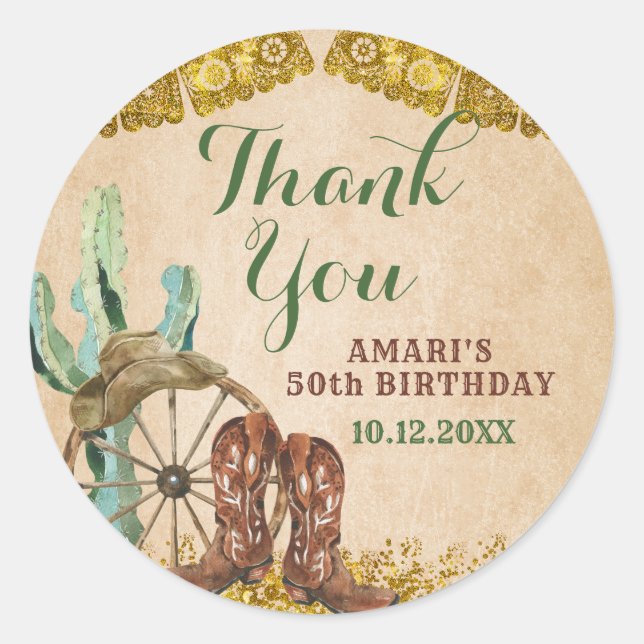 Sticker Rond Texas Southwestern Cowboy Anniversaire rustique (Devant)