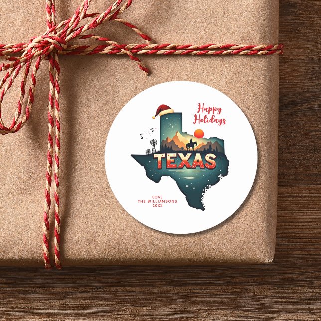 Sticker Rond Texas State Happy Holidays Personnalisé Texte Anné (Personalize with Name & year.  edit / delete other text as required.  Matching items in collection)