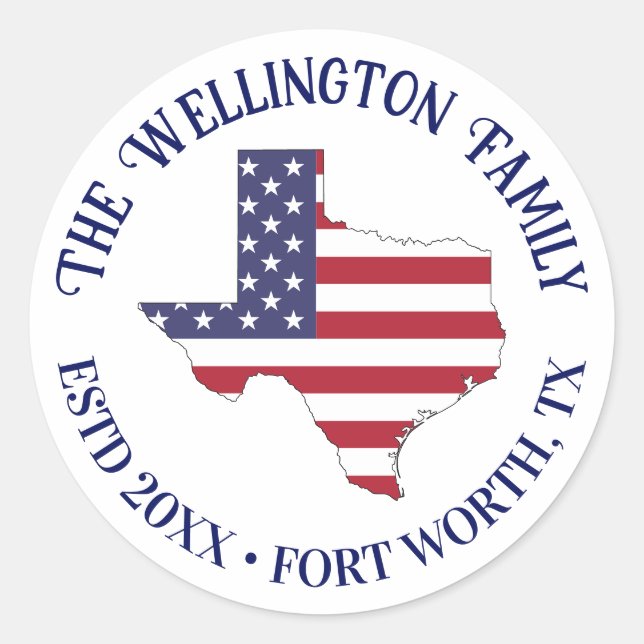 Sticker Rond Texas State Map Stars Stripes Nom de famille Date  (Devant)
