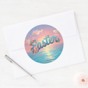 Sticker Rond Texte de Pâques pastel au-dessus de l'océan au lev