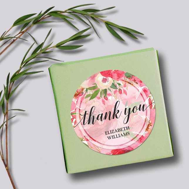 Sticker Rond Texte de remerciement Fleurs de paonies (3" round stickers with your name and Thank You on pink and cream peony flowers)