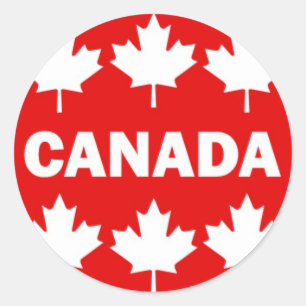 Sticker Rond Texte du Canada rouge et blanc avec feuilles d'éra