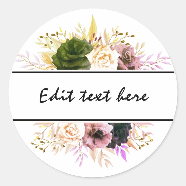 Sticker Rond Texte floral éditable Merci, Bienvenue, Fabriqué à (Devant)