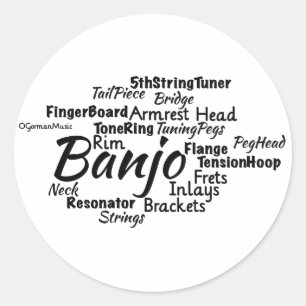 Sticker Rond Texte noir du mot banjo