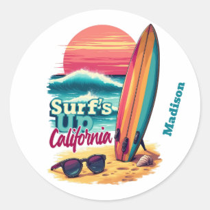Sticker Rond Texte personnalisé Californie Surf