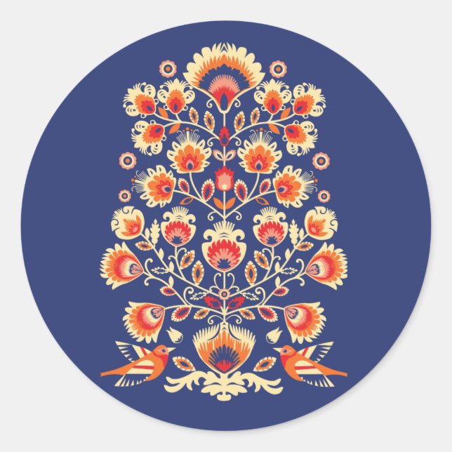 Sticker Rond 💙 💛 🧡 Texte personnalisé Folklore avec fleurs j (Devant)