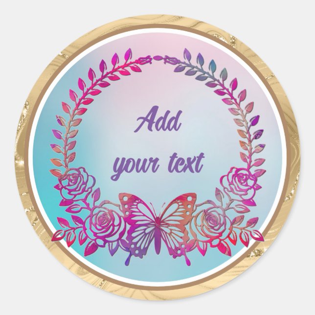 Sticker Rond Texte personnalisé, papillon et fleur (Devant)
