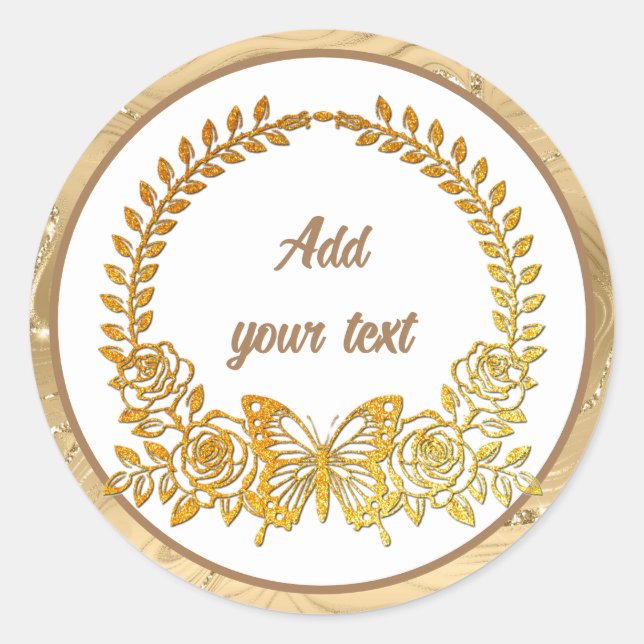 Sticker Rond Texte personnalisé, Papillon et Fleur d'or (Devant)