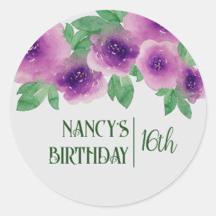 Sticker Rond Texte Vert Aquarelle Roses Violettes 16ème Anniver
